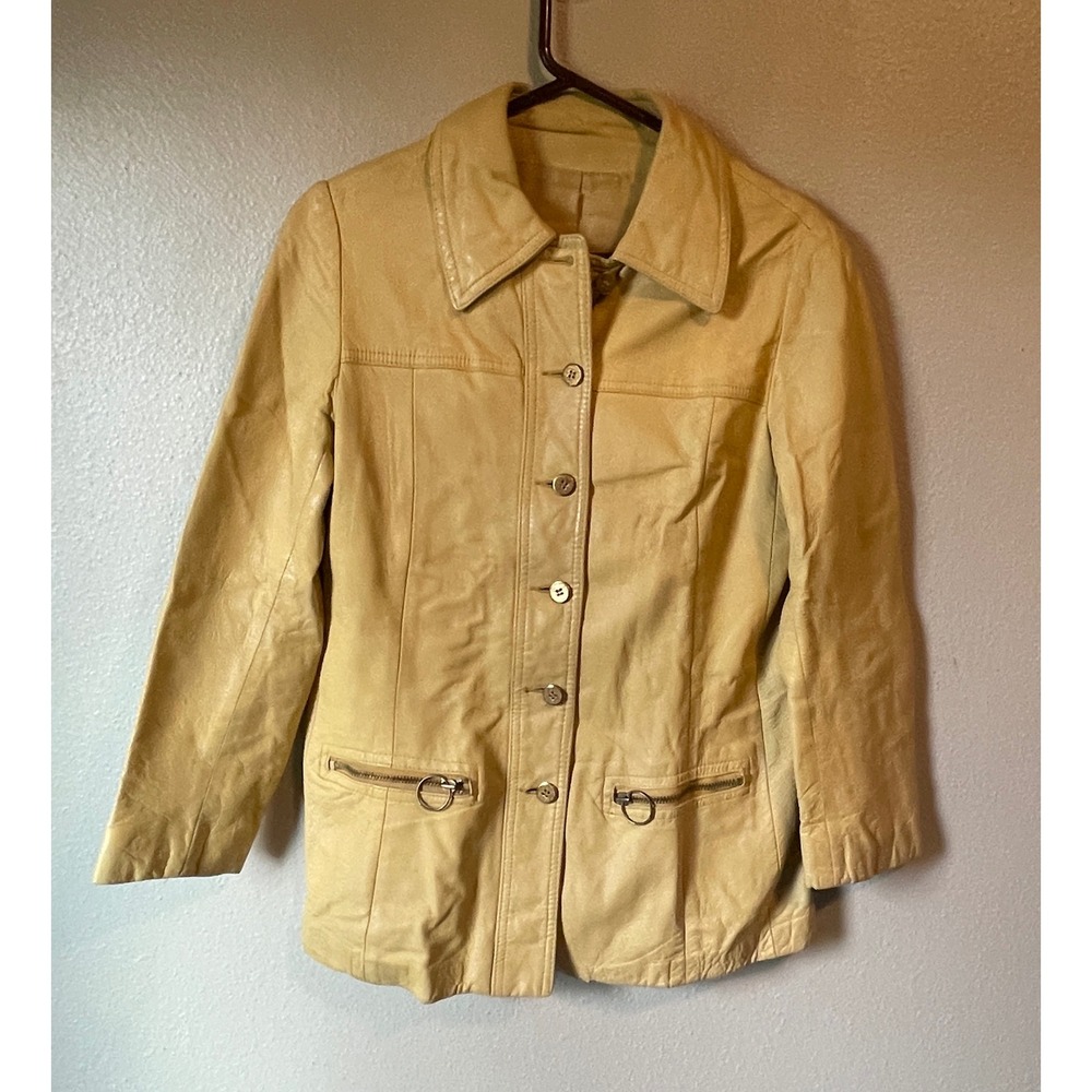 Vtg Tan Leather Blazer Jacket Womens 70s Style Button Front Zipper Pockets Small